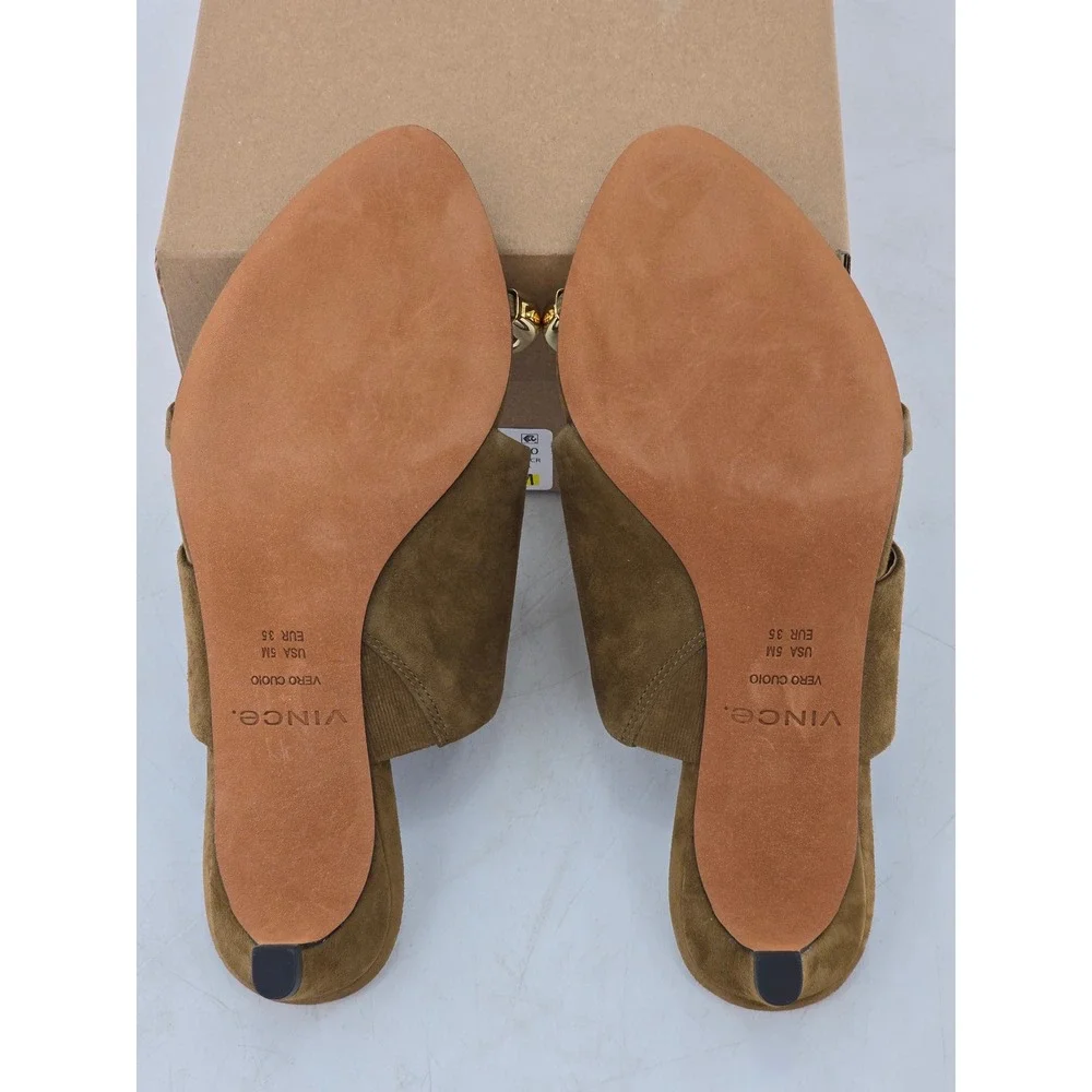 Vince Suzie Kitten Heel Sandals Womens 5 Olive Green Suede Toe Ring - NEW